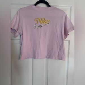 Girls Nike Pink Tee with Gold Logo and Floral Swoosh Sz Large